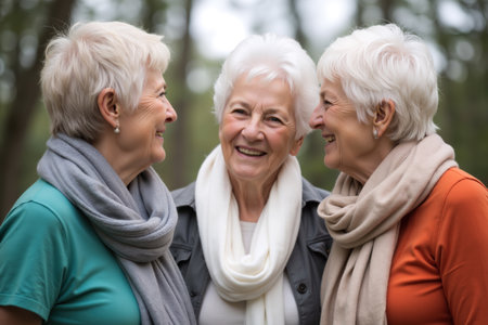 Three elderly women with white hair enjoying a joyful moment outdoors, wearing scarves and warm clothing.の素材
