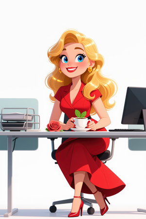 Blonde woman in red dress and heels sitting at a desk with a computer and holding a tea cup and saucer, with a red rose on the desk, against a white background with light blue accents.の素材