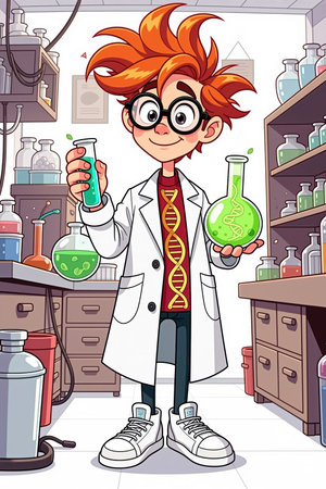 Cartoon scientist with orange hair and glasses holds beakers with green liquid and dna symbol, surrounded by lab equipment and shelves with bottles.の素材