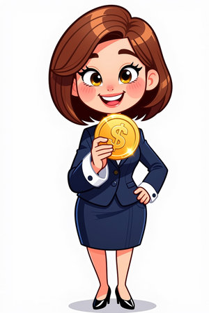 A smiling businesswoman in a blue skirt suit holds a shiny gold coin with a dollar sign on it, against a plain white background with a subtle shadow under her feet.の素材