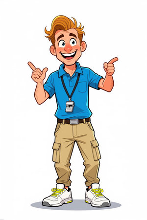 Smiling cartoon man with blue shirt, khaki pants, and whistle around neck, pointing with both hands against white background.の素材