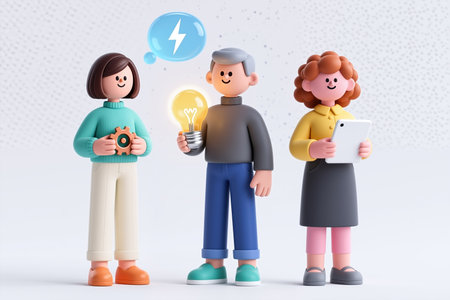 Cartoon characters collaborate, holding a gear, lightbulb, and tablet, showcasing teamwork and innovation in a minimalist, white background with subtle dots.の素材