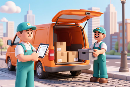 Two delivery workers in teal uniforms interact beside an orange van on a city sidewalk, one holding a tablet and the other a box.の素材