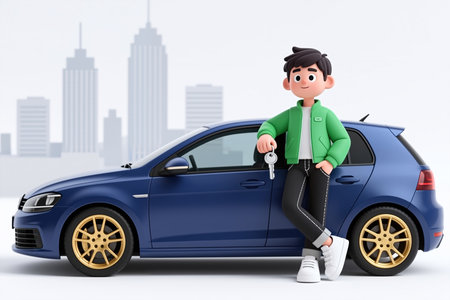 Stylized 3d character leaning on a blue hatchback car with gold rims, wearing a green jacket and white sneakers, holding car keys, against a city skyline background.の素材