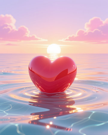 Vibrant digital illustration of a Valentines Day scene featuring a shiny red heart floating on rippling water, set against a serene sunset backdrop with pastel hues and fluffy clouds.の素材