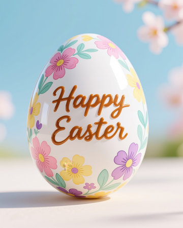 Easter illustration of shiny white egg with colorful flowers and brown text on blue background with soft focus, realistic style.の素材