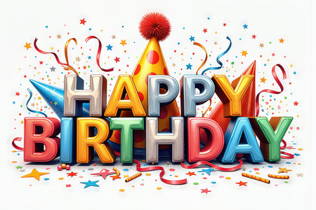 Vibrant Happy Birthday sign surrounded by festive party hats, streamers, and confetti to celebrate a birthday.の素材