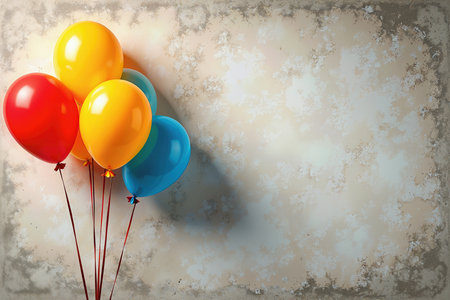A cluster of bright red, yellow, and blue balloons against a vintage, textured backdrop, perfect for a birthday celebration.の素材