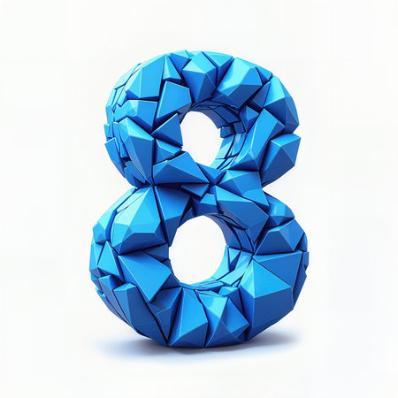 A 3D blue number eight, resembling an ice sculpture, stands out against a white background, ideal for an 8th birthday.の素材