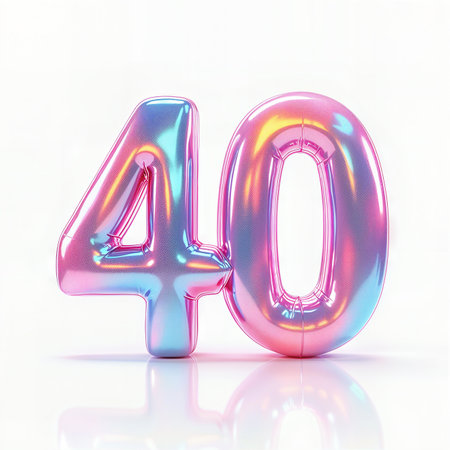 Celebrating a 40th birthday with iridescent, metallic balloons in the shape of the number 40, set against a clean white background.の素材