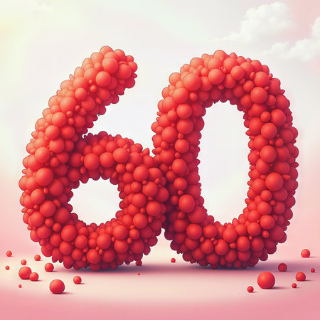 A 60th birthday celebration with red balloon numbers on a soft pink and white background.の素材