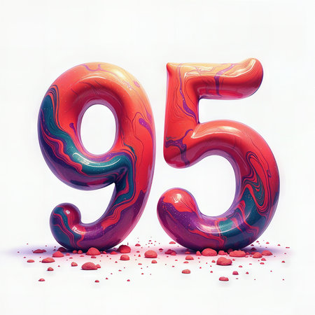 Birthday celebration for 95 years, featuring glossy, multicolored numbers 95 with a marbled texture, set against a clean white background with scattered red particles.の素材