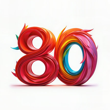 Vibrant 80th birthday number made of multicolored ribbons on a white background.の素材