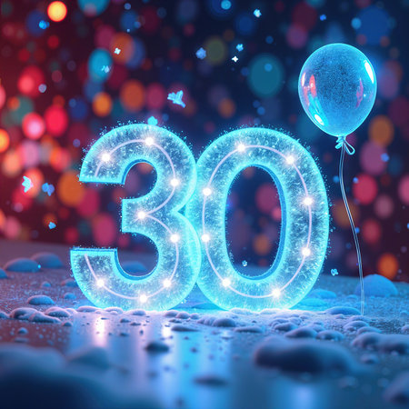 A festive 30th birthday scene featuring glowing numbers and a balloon against a vibrant, colorful bokeh background.の素材