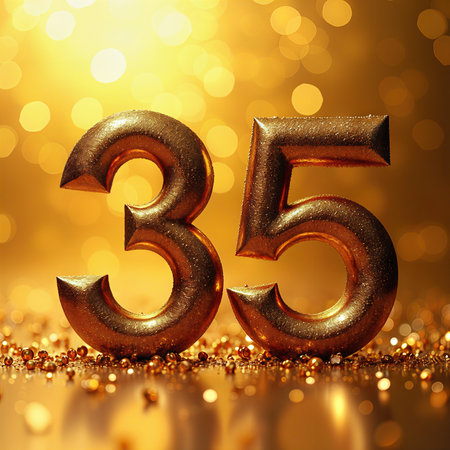 Celebrating a 35th birthday with glittering gold numbers 35 on a sparkling golden background.の素材