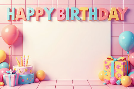 A pastel-colored birthday setting featuring a cake with candles, wrapped gifts, and floating balloons against a pink tiled background with HAPPY BIRTHDAY text.の素材