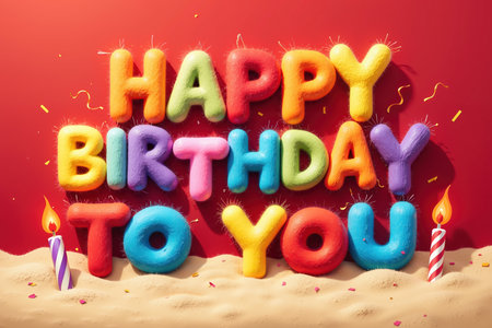 Fuzzy, multicolored letters spell HAPPY BIRTHDAY TO YOU on a red background with lit candles and confetti.の素材