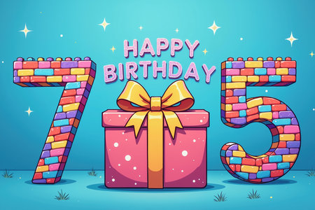 A pink gift box with a gold bow is centered, flanked by colorful brick-style '75' and 'HAPPY BIRTHDAY' text above, on a blue background with stars and grass.の素材