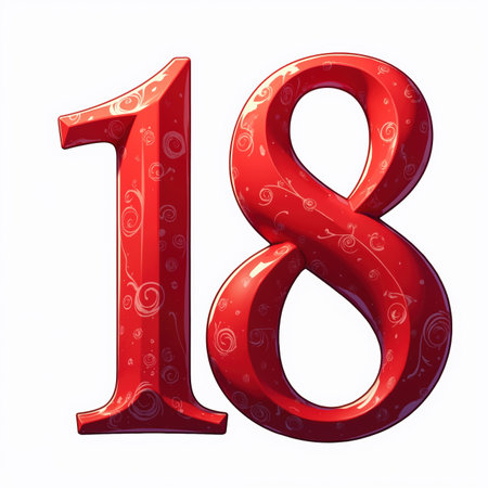 The number 18 in red with swirly patterns on a white background, perfect for an 18th birthday card.の素材