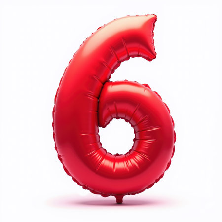 A shiny red balloon in the shape of the number 6 on a white background, illustration for a birthday card.の素材