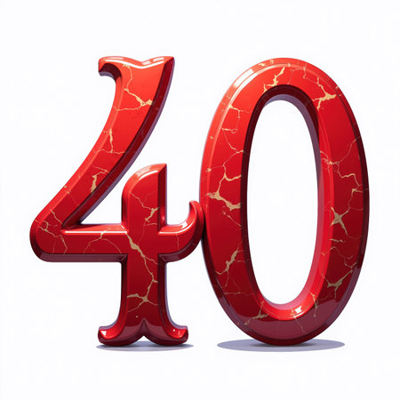 The number 40 is depicted in a shiny, red marble-like font on a white background, suitable for a birthday card illustration.の素材