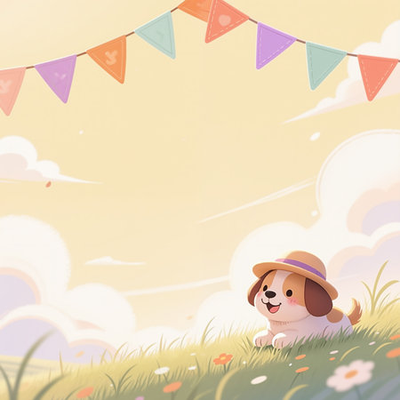 A cartoon dog wearing a straw hat lies in a grassy field with flowers, under a banner of colorful flags, in a soft, sunny illustration style.の素材