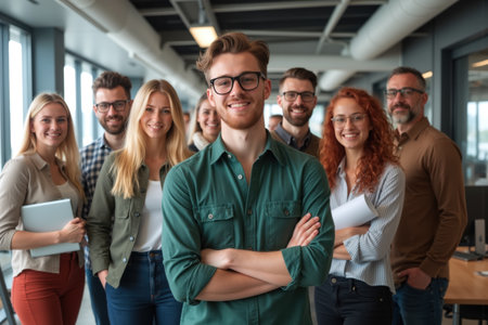 A group of smiling professionals standing in a modern office, displaying teamwork and positivity in a bright, collaborative workspace.の素材