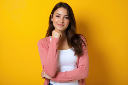 A cheerful young woman with long dark hair is posing with her hand on her chin against a bright yellow background, wearing a pink cardigan and white top.の素材