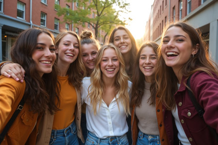 Seven young women stand close together, smiling and enjoying each other's company in a bright, urban setting.の素材