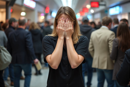 A woman with her hands covering her face stands in a crowded indoor space, likely an airport or station, surrounded by people.の素材