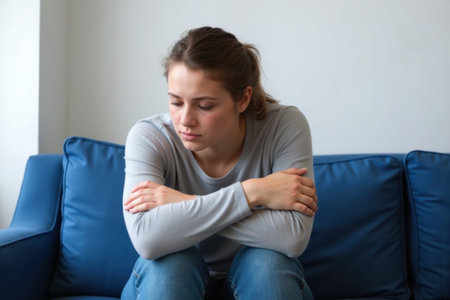 A woman sitting on a blue sofa, looking down, with her arms crossed, wearing a gray top and jeans.の素材