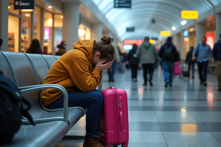 A weary traveler sits alone at an airport terminal, head in hands, with a pink suitcase beside her. The bustling background shows people walking by.の素材