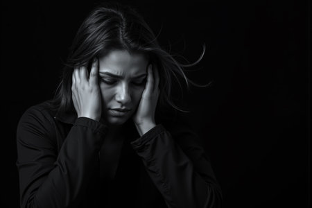 A black-and-white image of a woman with long hair, holding her head with both hands, appearing distressed or in pain.の素材