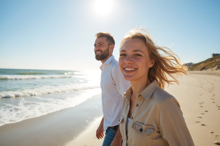 A happy couple enjoys a sunny day at the beach, with the woman smiling brightly as her hair blows in the wind.の素材