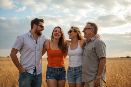 Four family members standing in a golden wheat field under a partly cloudy sky, smiling and laughing with arms around each other.の素材