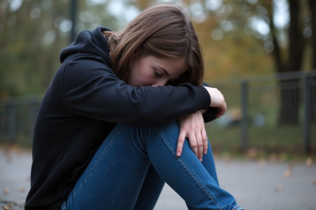 A person with long hair, wearing a hoodie and jeans, sits alone on a bench in a park, looking downcast and hugging their knees.の素材