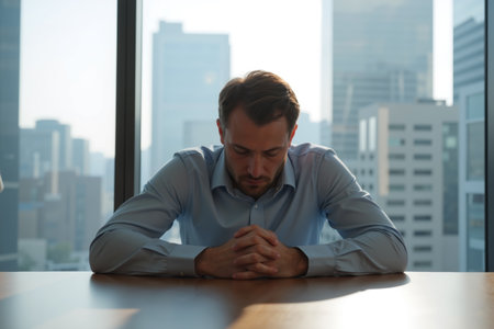 A man in a white shirt leaning on a table in a high-rise office, cityscape visible through windows.の素材