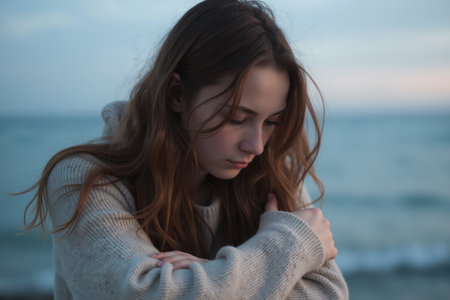 A woman with long, wavy hair stands by the sea, hugging herself in a contemplative pose.の素材