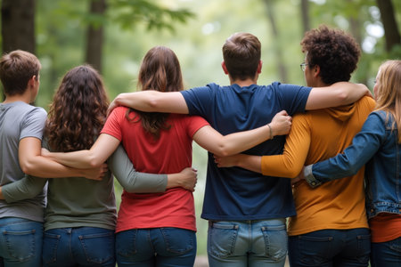 A diverse group of friends stands together in a forest, arms around each other, showing unity and support.の素材
