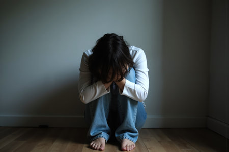 The image shows a person sitting on a wooden floor with their head in their hands, appearing distressed. The background is plain and neutral.の素材