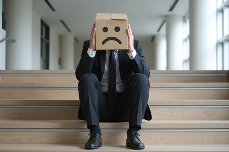 A man in a suit sits on wooden stairs with a cardboard box over his head, showing a sad face.の素材