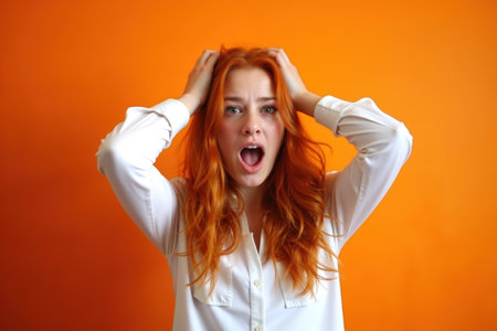 A woman with red hair and a white shirt appears distressed, holding her head with both hands and screaming.の素材
