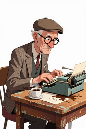 An older gentleman in a suit and hat types on an old typewriter at a worn wooden table with a cup of coffee.の素材