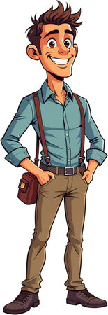 Cartoon character of a man with spiky brown hair, wearing a blue shirt and suspenders, standing confidently with his hands on his hips. Isolated on white background.の素材