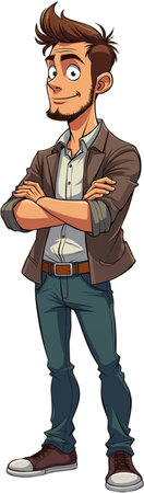 Cartoon character, a young man with spiky hair and a beard, dressed in a brown jacket over a white shirt, blue jeans, and brown shoes, standing confidently with his arms crossed. Isolated on white background.の素材