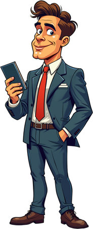 Cartoon illustration of a man dressed in business attire, including a suit and tie, holding a smartphone with a surprised or amused expression on his face. Isolated on white background.の素材