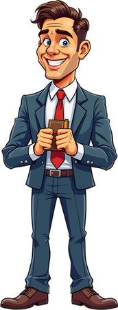 Cartoon man dressed in a suit and tie, standing with his hands clasped together, smiling at the viewer. Isolated on white background.の素材