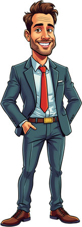 Cartoon illustration of a man dressed in business attire, including a suit and tie, standing confidently with his hands on his hips. Isolated on white background.の素材