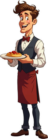 Cheerful male character dressed as a chef, wearing a red apron and holding a plate of food with a smile on his face. Isolated on white background.の素材