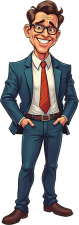 Cartoon character dressed in business attire, including a suit and tie, standing confidently with hands in pockets, suggesting a professional or corporate theme. Isolated on white background.の素材